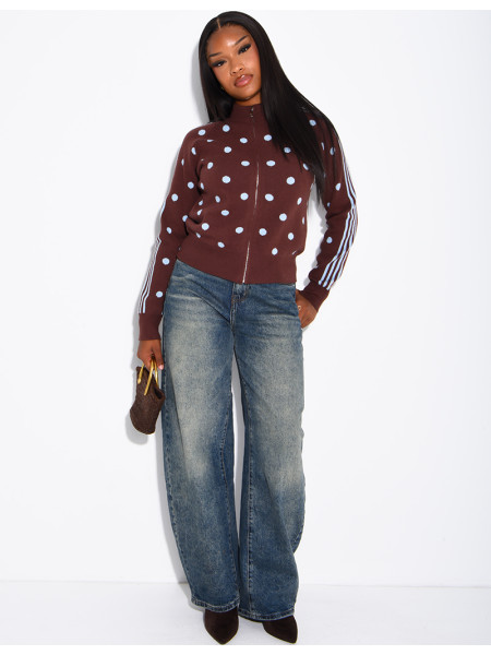 Zip-up cardigan with polka dots and stripes