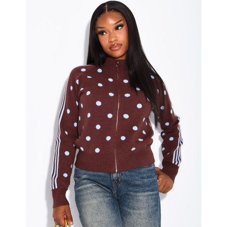 Zip-up cardigan with polka dots and stripes