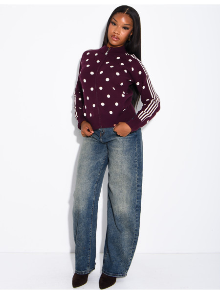Gilet en laine zippé à pois et rayures