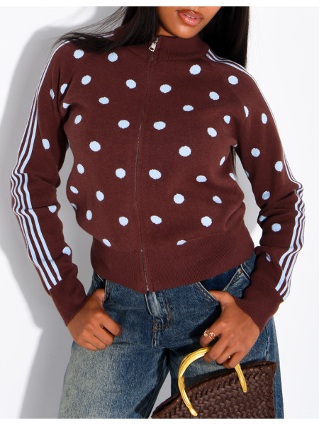 Zip-up cardigan with polka dots and stripes