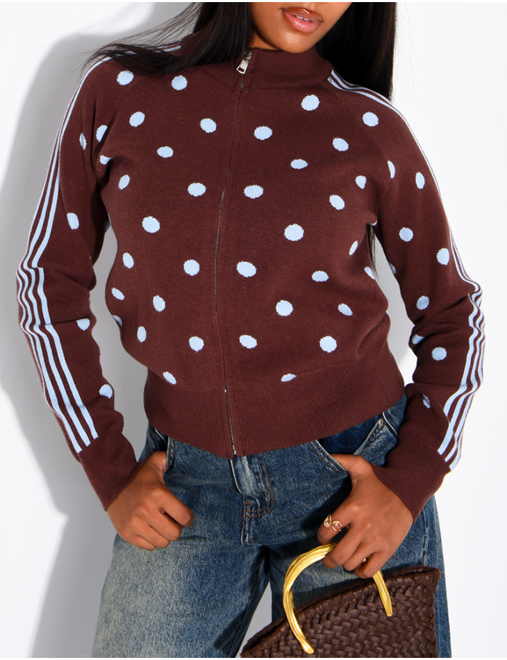 Zip-up cardigan with polka dots and stripes
