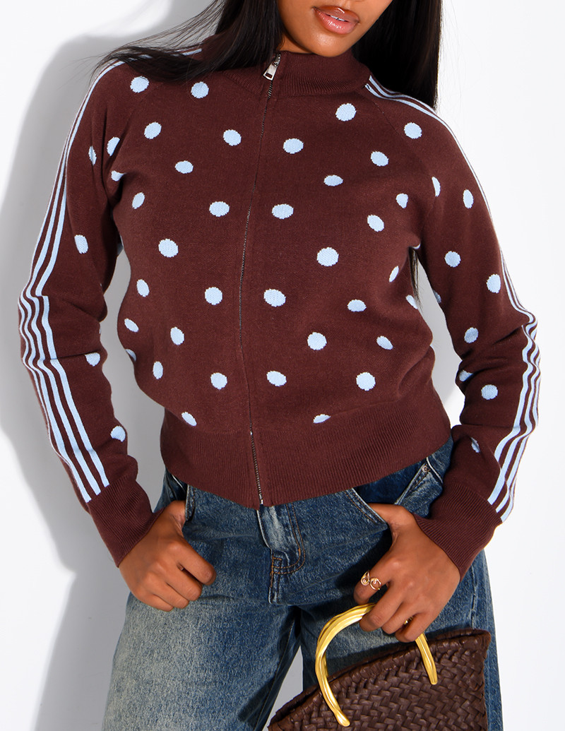 Zip-up cardigan with polka...