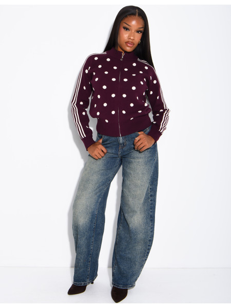 Gilet en laine zippé à pois et rayures