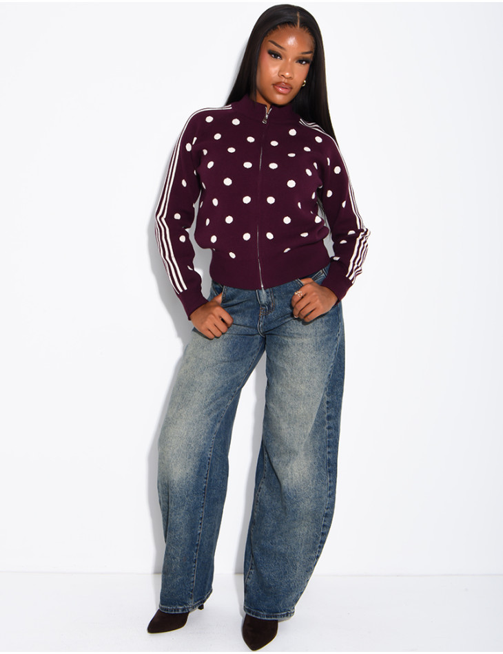 Gilet en laine zippé à pois et rayures