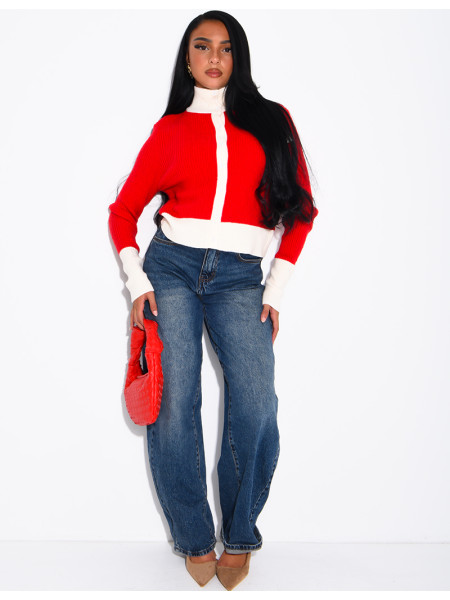Long-sleeved, contrasting-colour braided wool cardigan