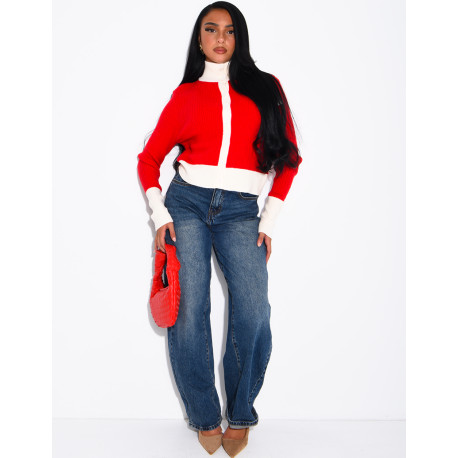 Long-sleeved, contrasting-colour braided wool cardigan