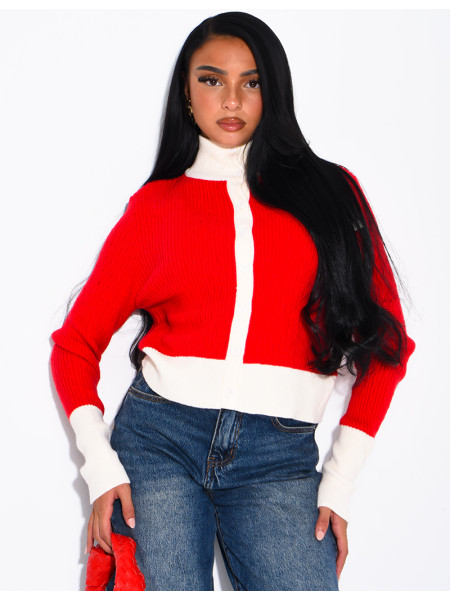 Long-sleeved, contrasting-colour braided wool cardigan