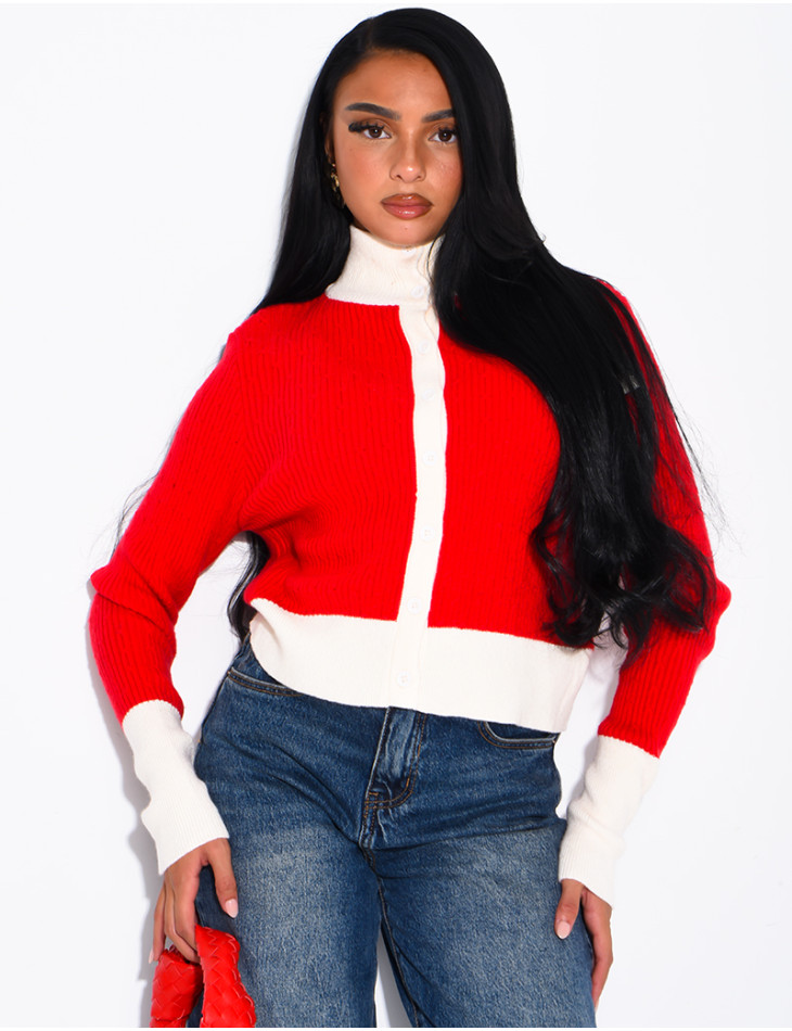 Long-sleeved, contrasting-colour braided wool cardigan