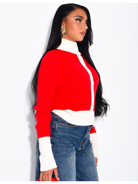 Long-sleeved, contrasting-colour braided wool cardigan