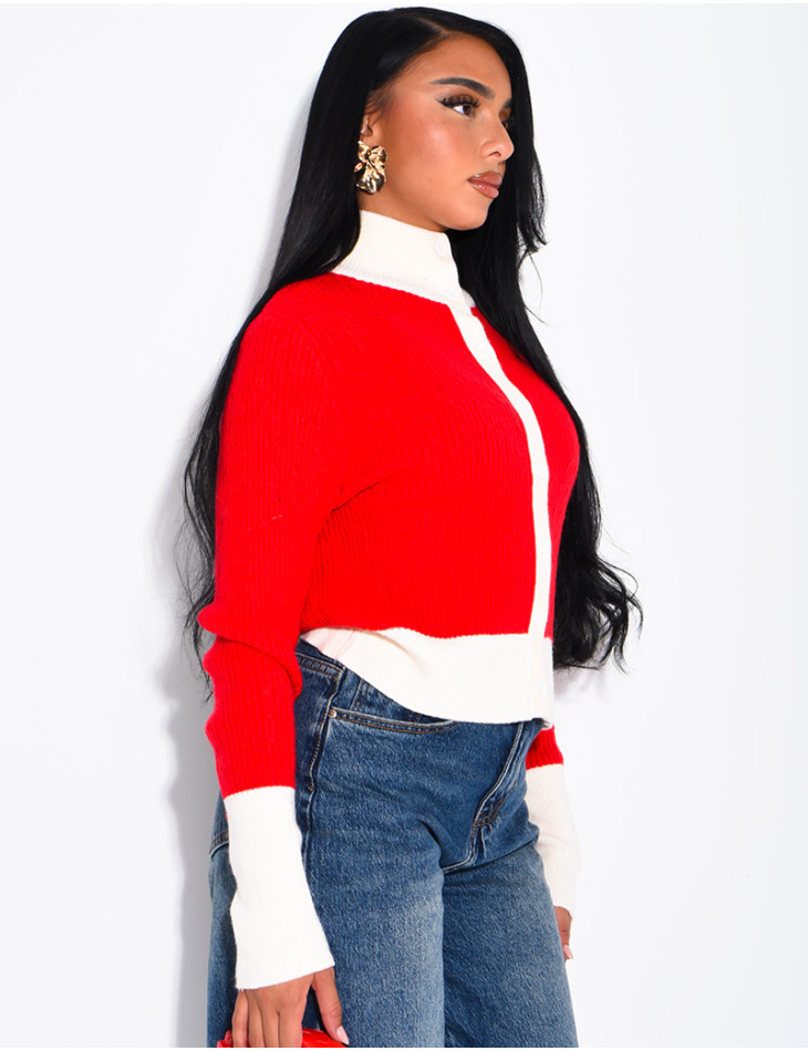 Long-sleeved, contrasting-colour braided wool cardigan