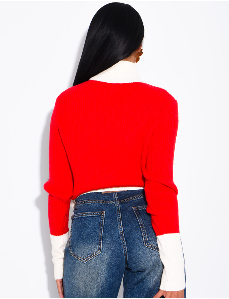 Long-sleeved, contrasting-colour braided wool cardigan