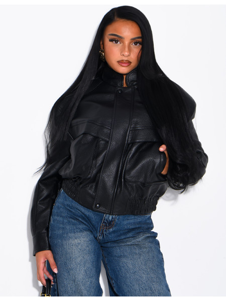 Bombers court en similicuir grainé & épaulettes