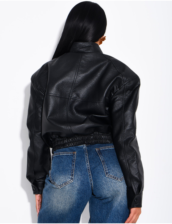 Bombers court en similicuir grainé & épaulettes
