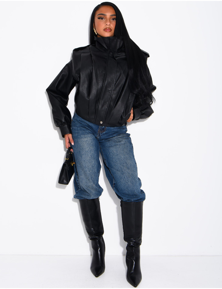 Draped faux leather jacket with epaulettes
