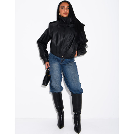 Draped faux leather jacket with epaulettes