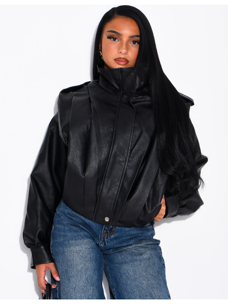 Draped faux leather jacket with epaulettes