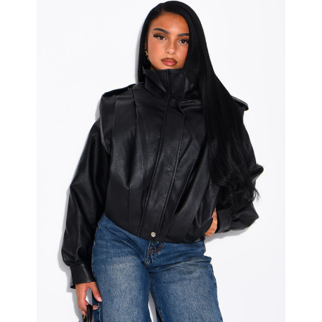 Draped faux leather jacket with epaulettes