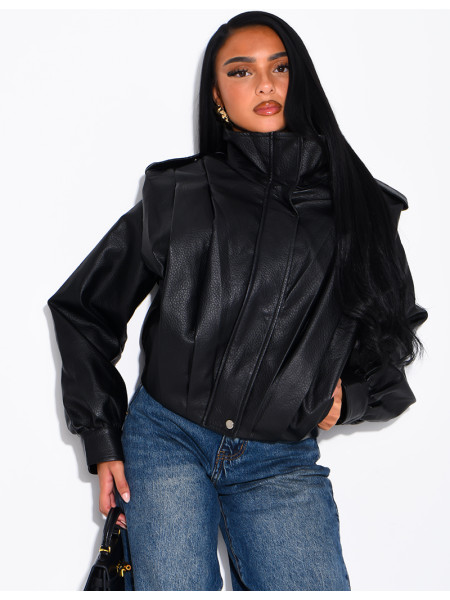 Draped faux leather jacket with epaulettes