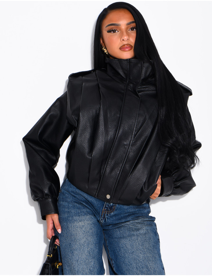 Draped faux leather jacket with epaulettes