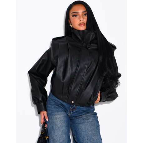 Draped faux leather jacket with epaulettes
