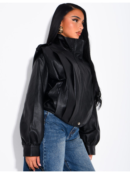 Draped faux leather jacket with epaulettes