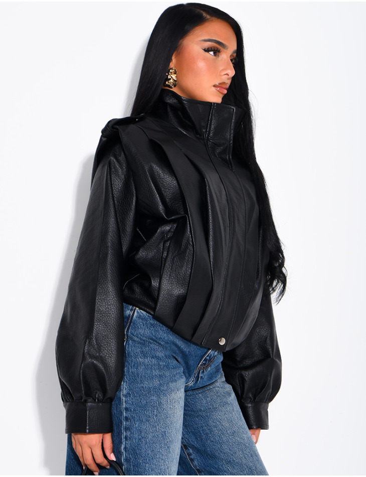 Draped faux leather jacket with epaulettes