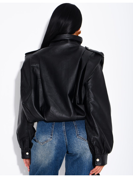 Draped faux leather jacket with epaulettes