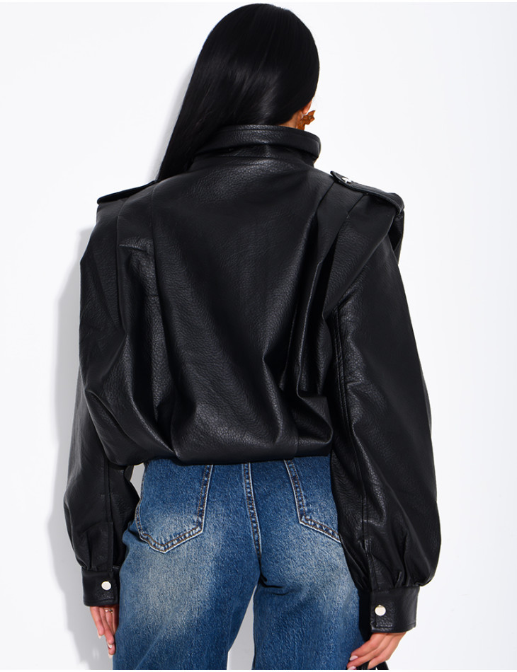 Draped faux leather jacket with epaulettes
