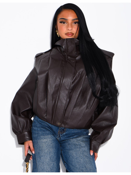 Drapierte Kunstlederjacke mit Schulterpolstern