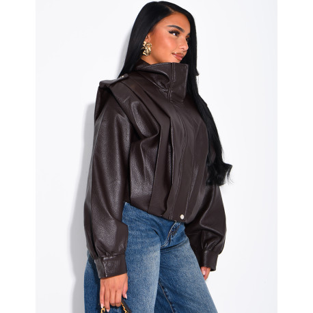 Drapierte Kunstlederjacke mit Schulterpolstern