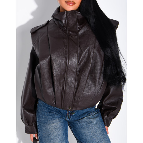 Drapierte Kunstlederjacke mit Schulterpolstern