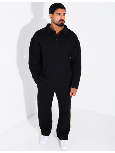 Oversized button-down polo shirt and straight-leg pants set