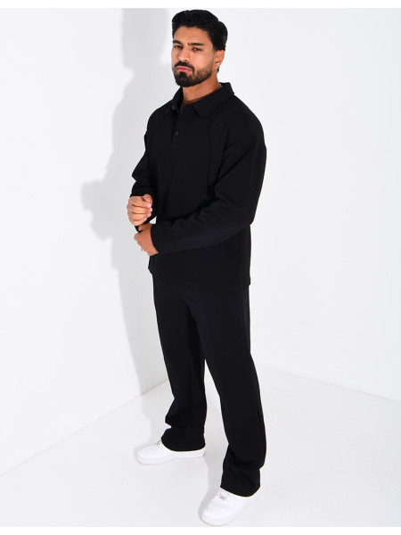 Oversized button-down polo shirt and straight-leg pants set