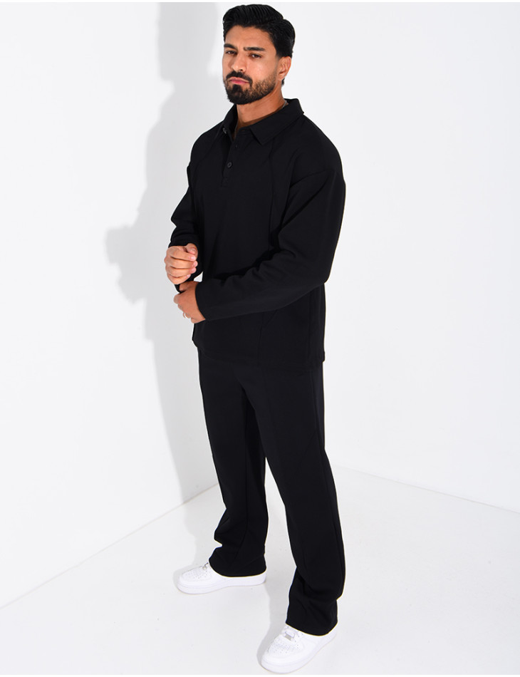 Oversized button-down polo shirt and straight-leg pants set