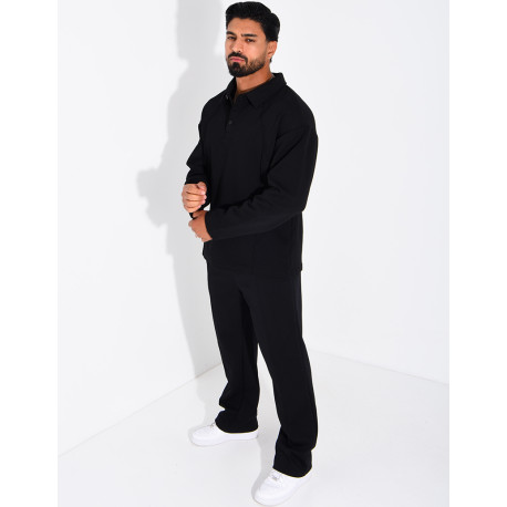 Oversized button-down polo shirt and straight-leg pants set