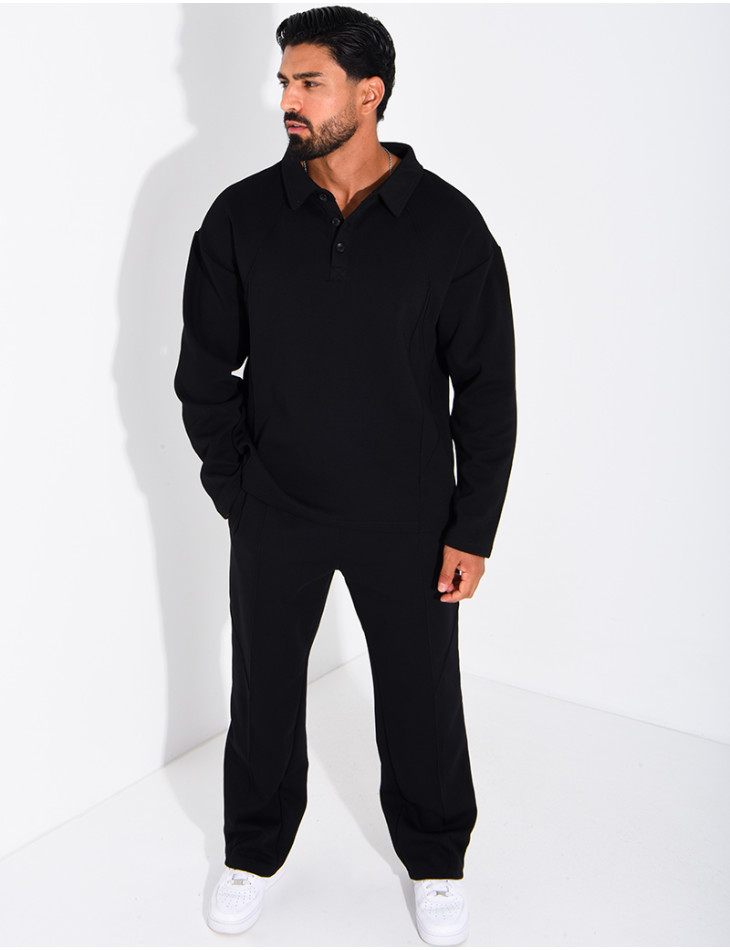 Oversized button-down polo shirt and straight-leg pants set