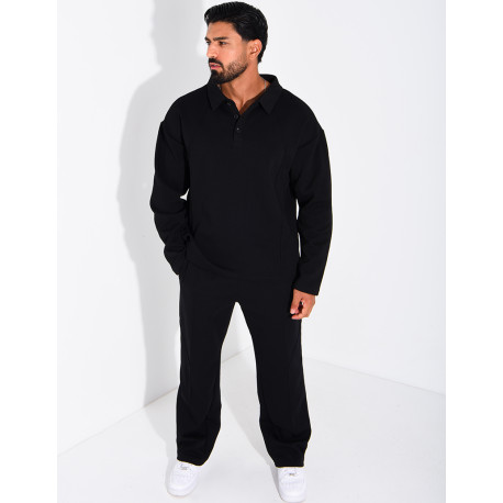 Oversized button-down polo shirt and straight-leg pants set