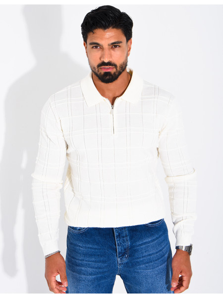 Textured long-sleeve polo shirt with a zippered collar
