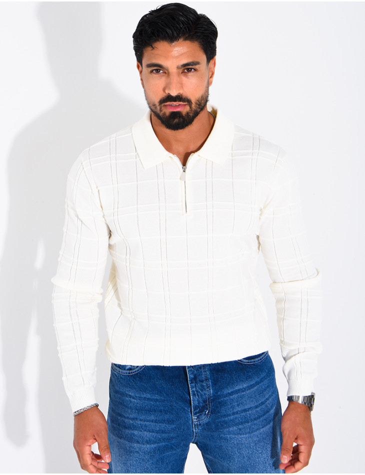 Textured long-sleeve polo shirt with a zippered collar