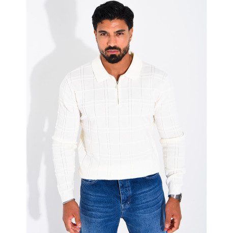 Textured long-sleeve polo shirt with a zippered collar