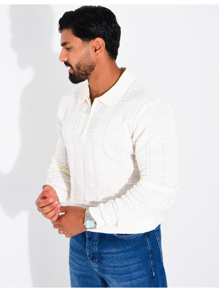 Textured long-sleeve polo shirt with a zippered collar