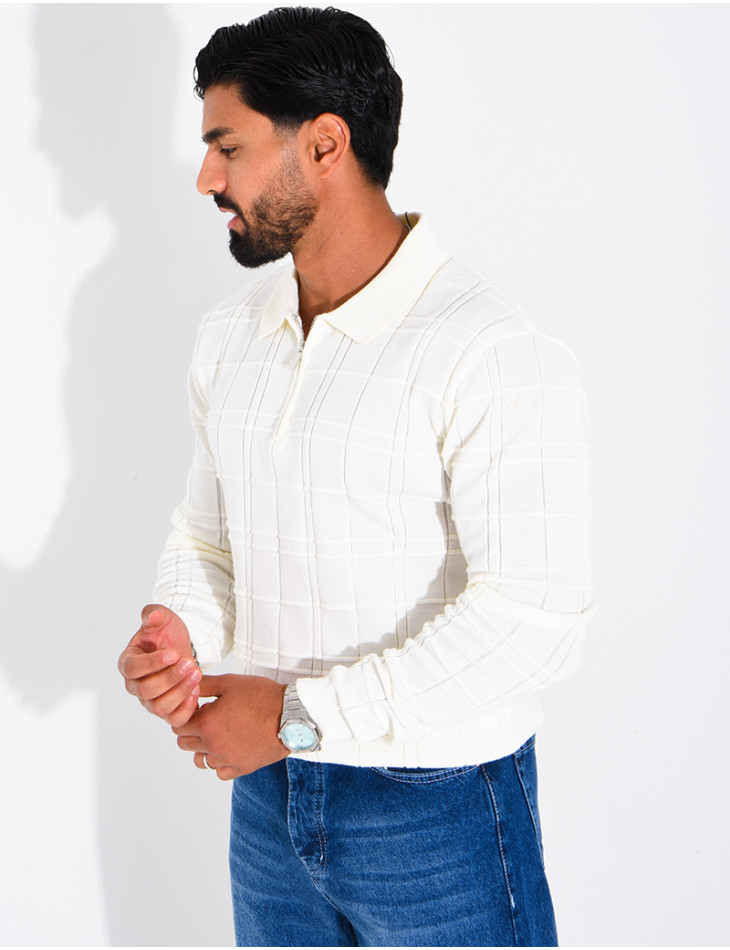 Textured long-sleeve polo shirt with a zippered collar
