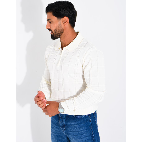 Textured long-sleeve polo shirt with a zippered collar