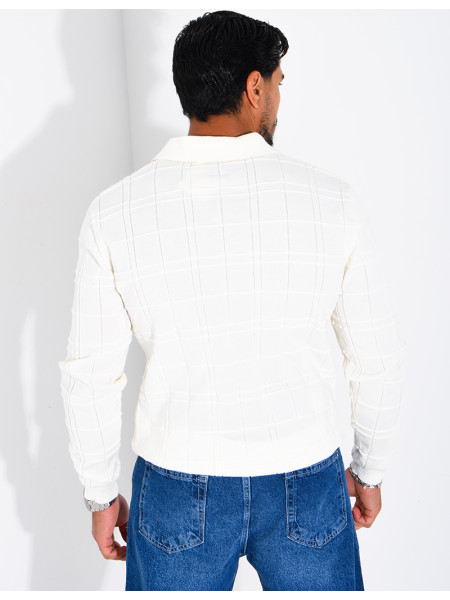 Textured long-sleeve polo shirt with a zippered collar