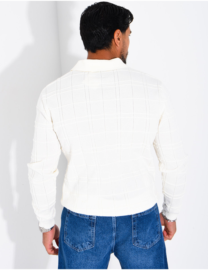 Textured long-sleeve polo shirt with a zippered collar