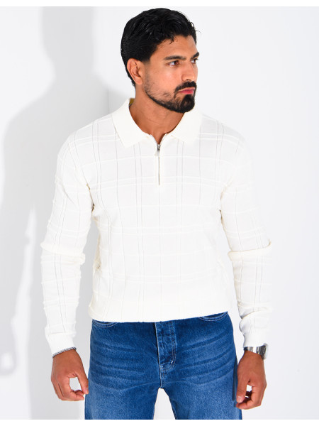 Textured long-sleeve polo shirt with a zippered collar