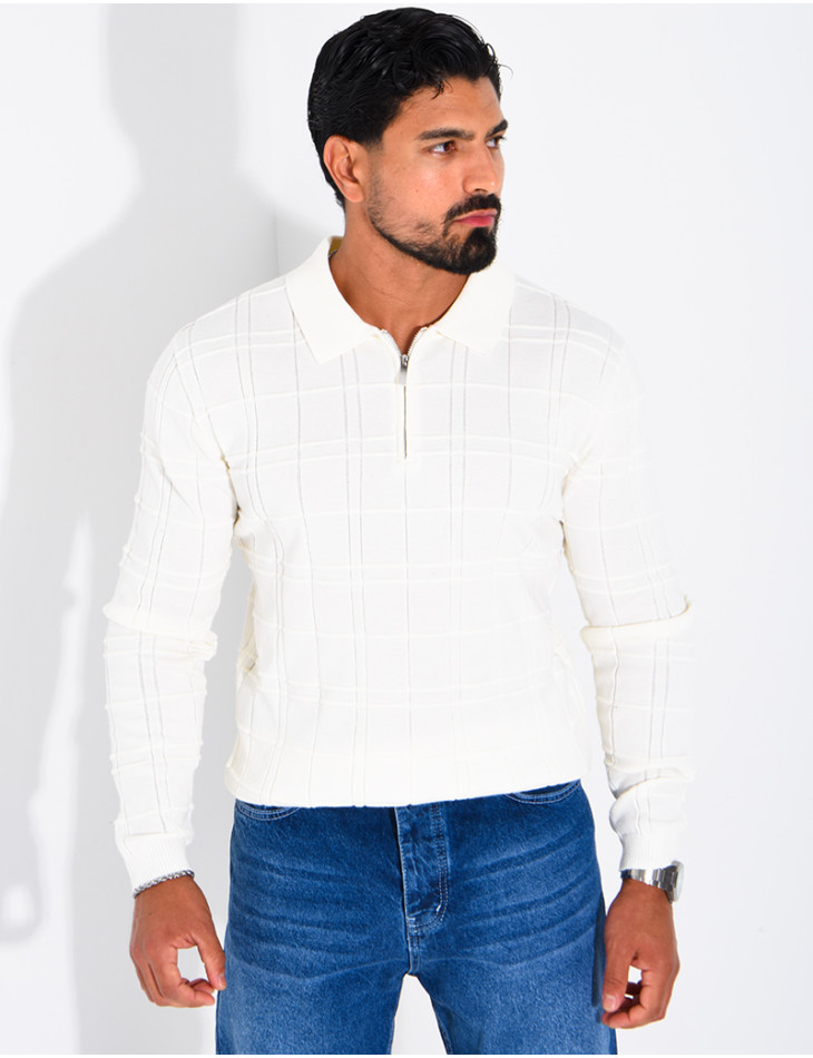 Textured long-sleeve polo shirt with a zippered collar
