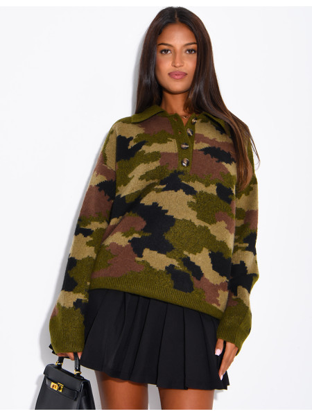 Camouflage Sweater with Button-Down Collar
