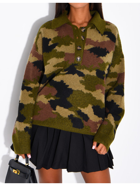 Camouflage Sweater with Button-Down Collar