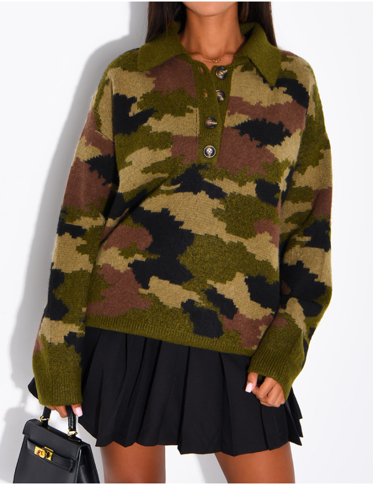 Camouflage Sweater with Button-Down Collar